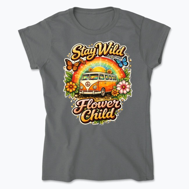 Model wearing custom semi-fitted women’s t-shirt with vibrant print